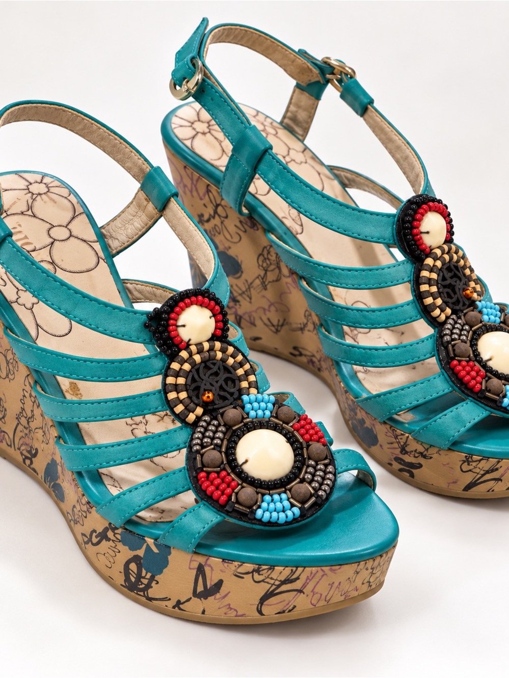 Turquoise Beaded Wedge Sandals with Decorative Medallion